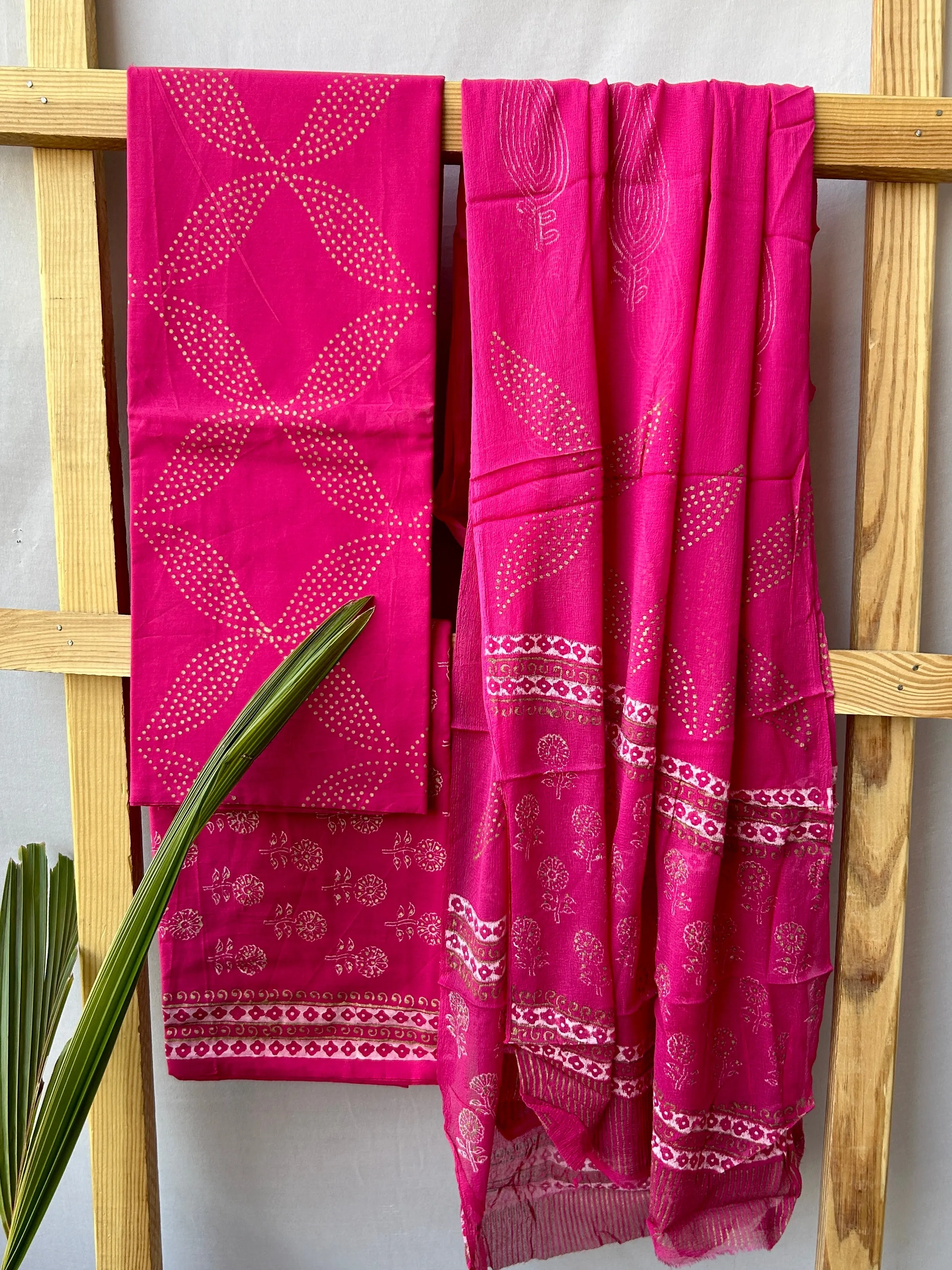 Gold Print Hand BlockPrinted Cotton Dress Material with Chiffon Dupatta *