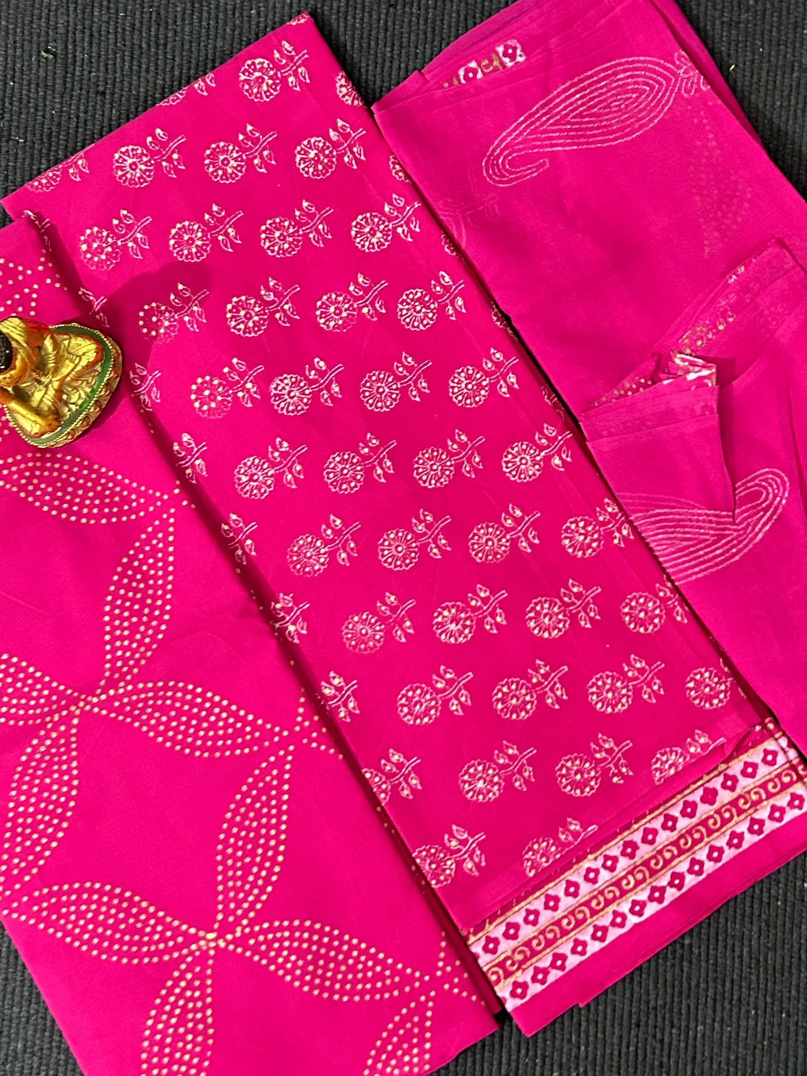 Gold Print Hand BlockPrinted Cotton Dress Material with Chiffon Dupatta *