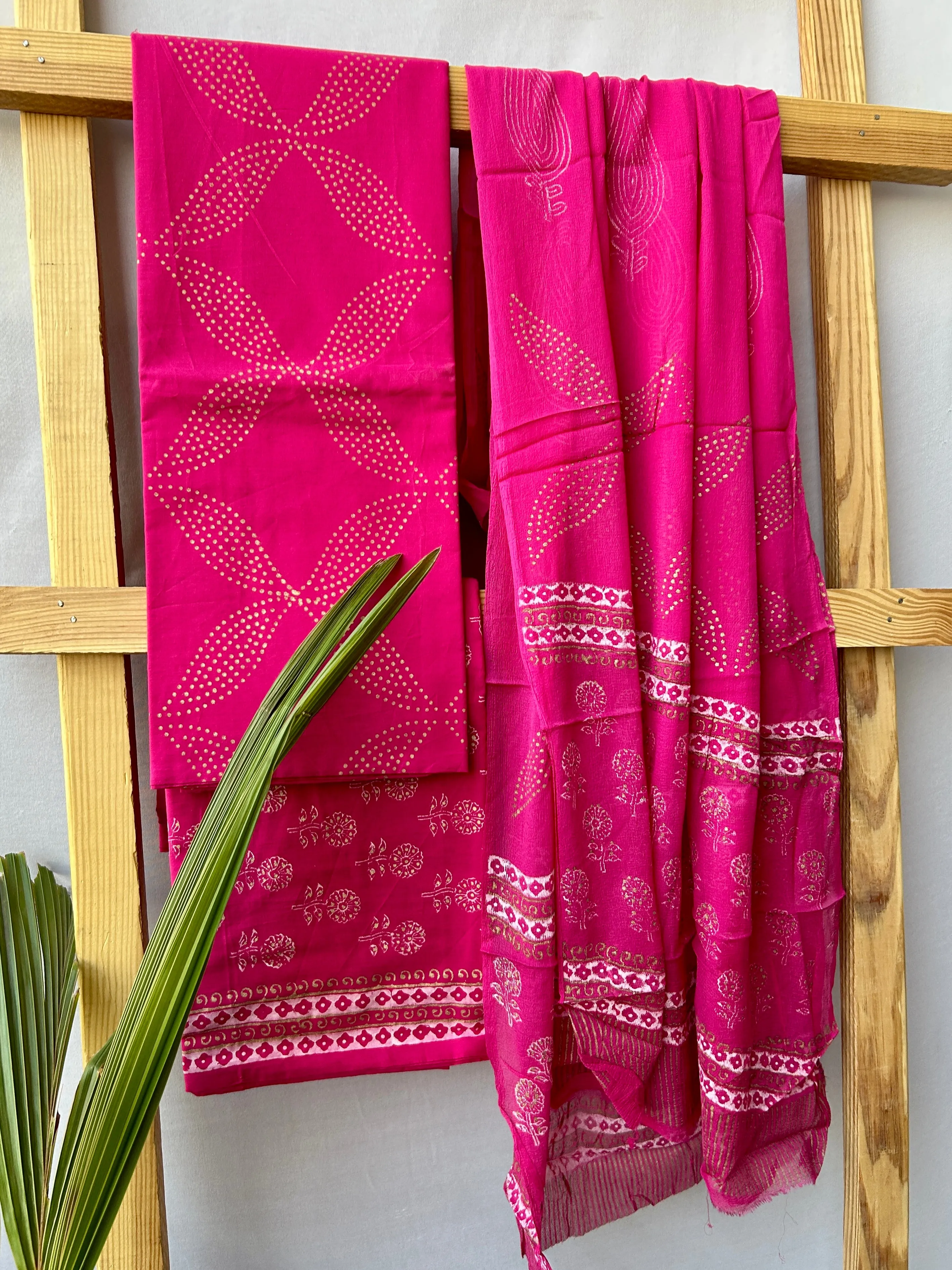 Gold Print Hand BlockPrinted Cotton Dress Material with Chiffon Dupatta *