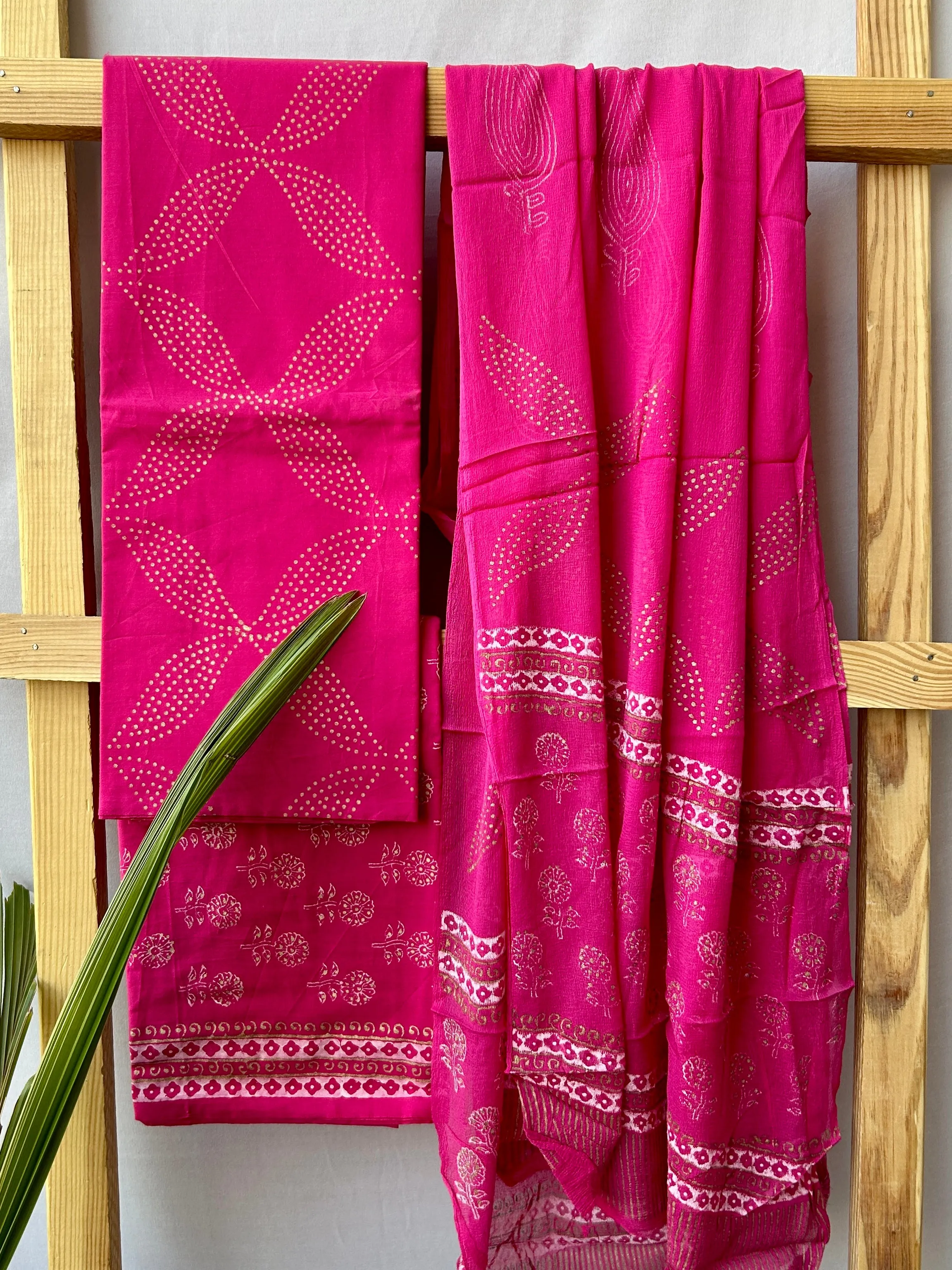 Gold Print Hand BlockPrinted Cotton Dress Material with Chiffon Dupatta *