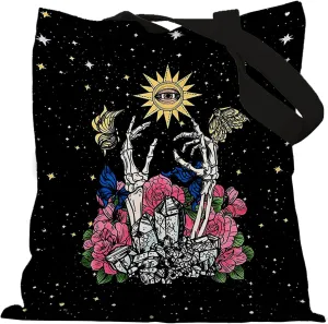Goth Witchy Skeleton Sun with Evil Eye Tote Bag, Halloween Tote Bag, Goth Gifts for Women, Halloween Skull Skeleton Gifts, Witchy Gifts for Women, Reusable Grocery Bags Shopping Bags