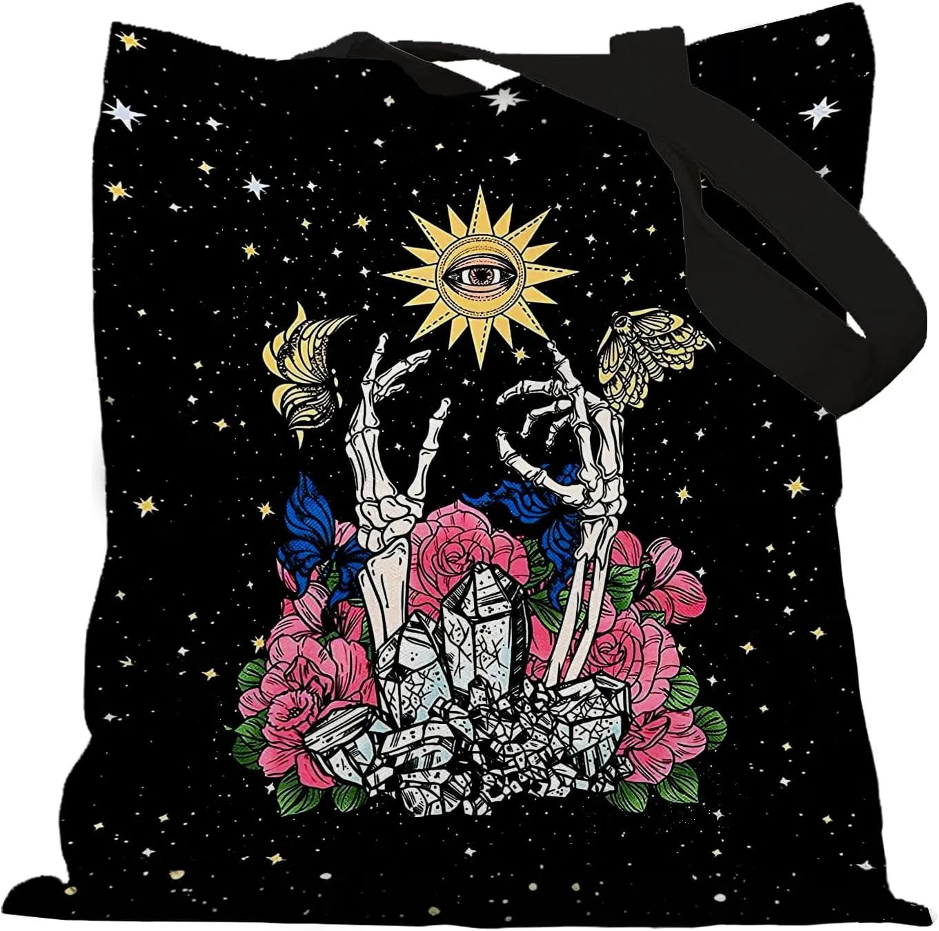 Goth Witchy Skeleton Sun with Evil Eye Tote Bag, Halloween Tote Bag, Goth Gifts for Women, Halloween Skull Skeleton Gifts, Witchy Gifts for Women, Reusable Grocery Bags Shopping Bags