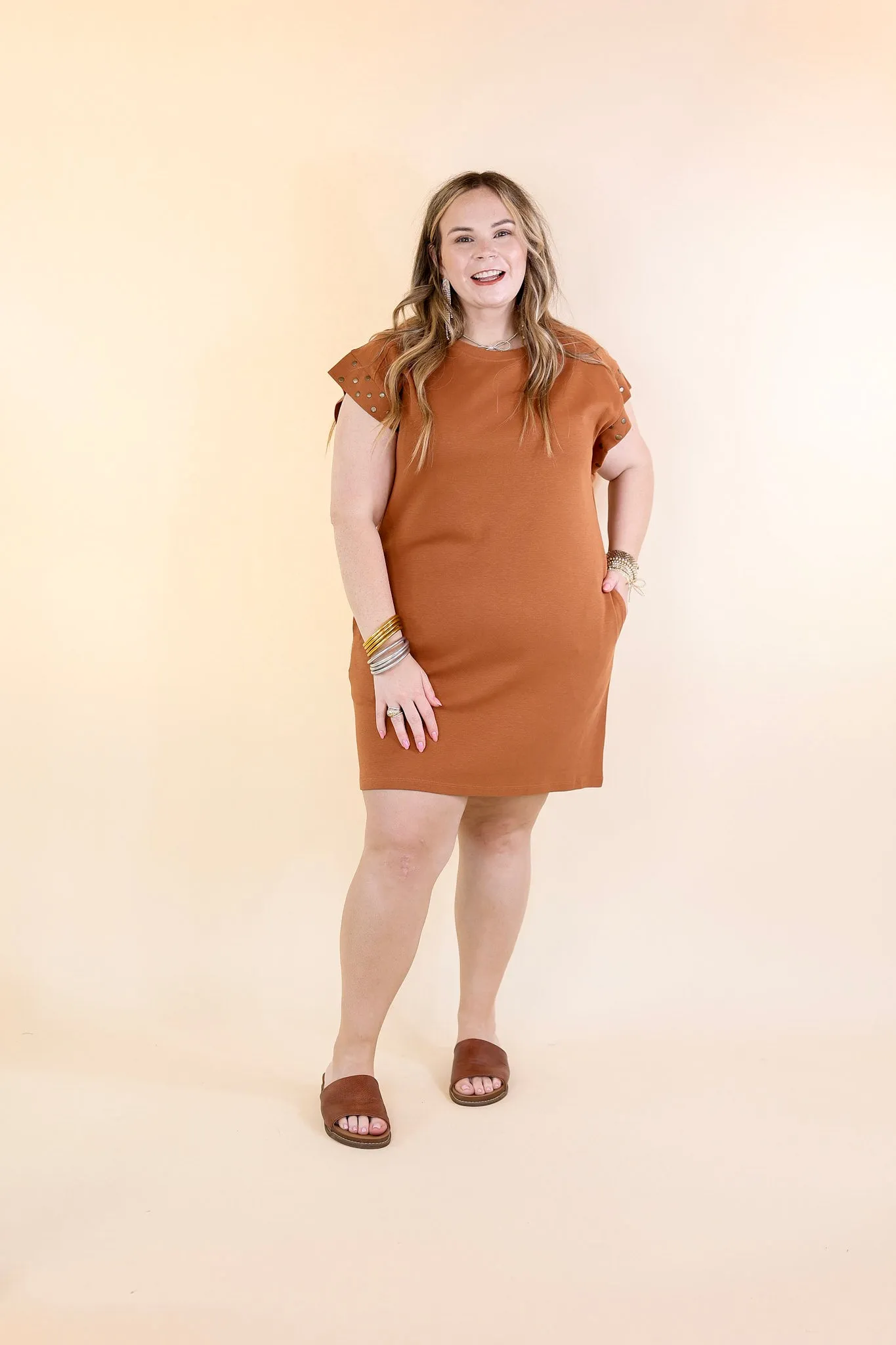 Graceful Glimpse Dress with Gold Stud Detail in Brown