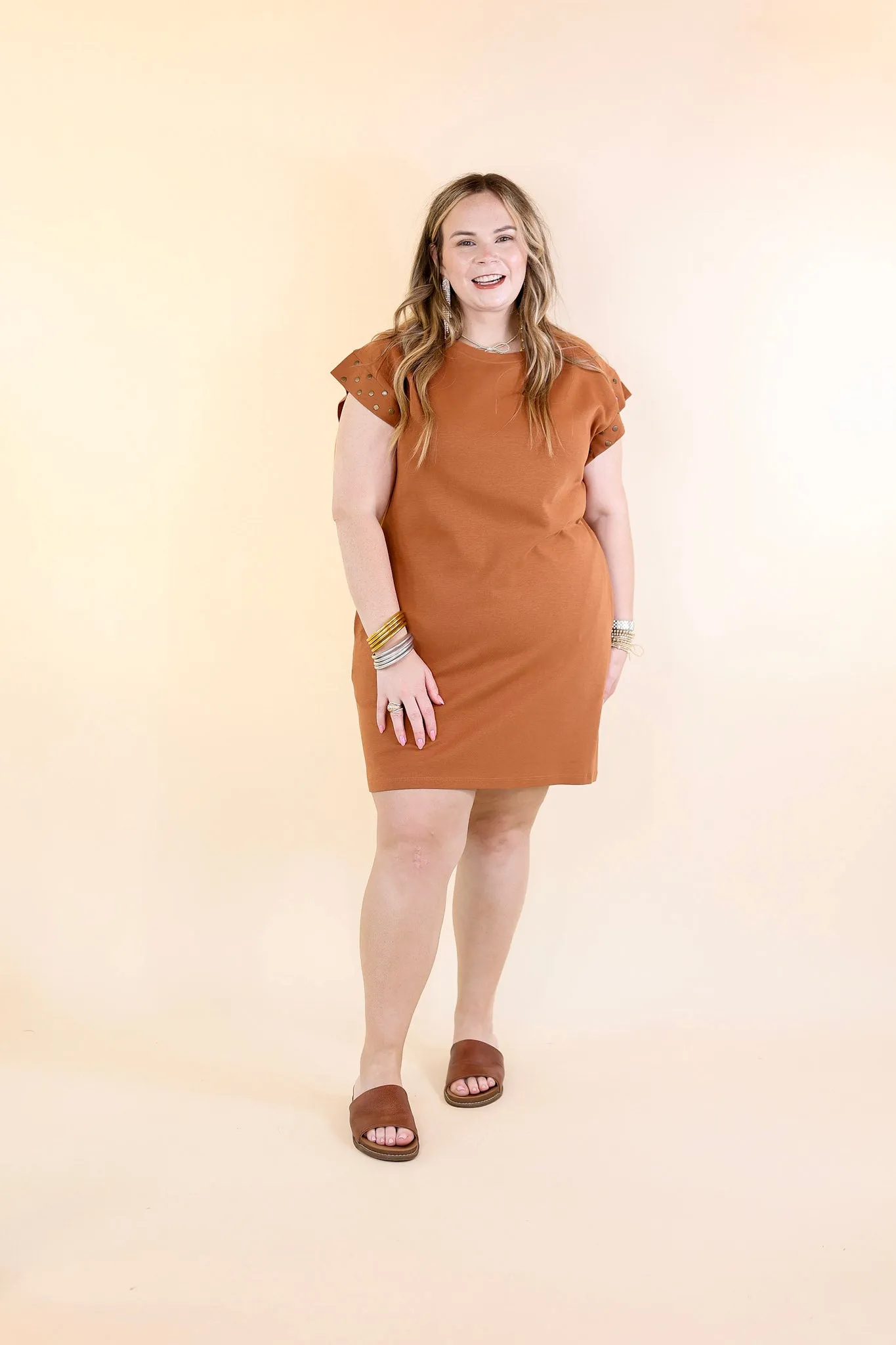 Graceful Glimpse Dress with Gold Stud Detail in Brown