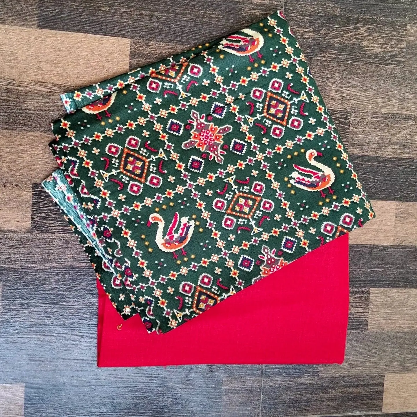 Green Red Patola Print Satin Cotton Top Bottom set