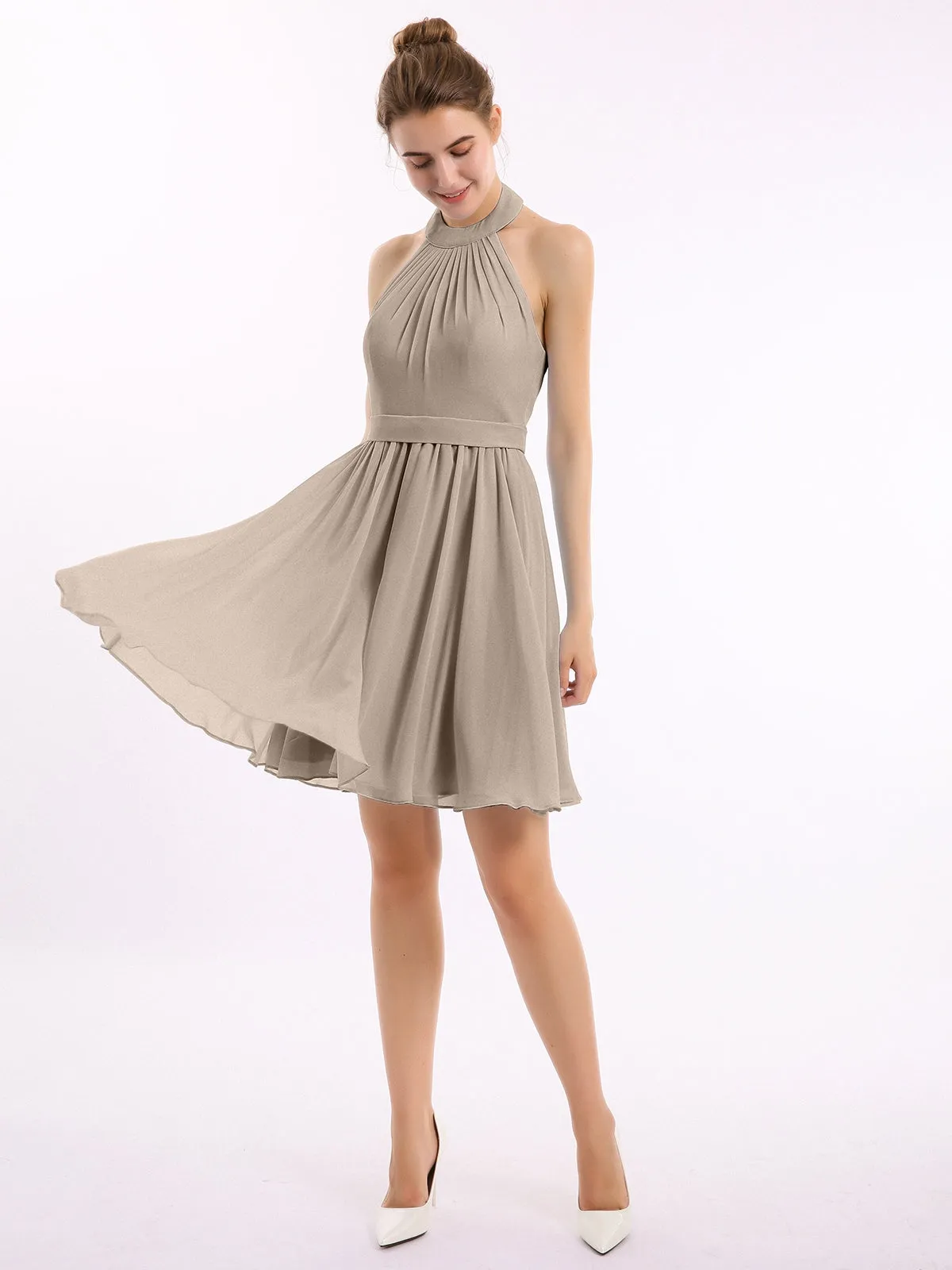 Halter Chiffon Short Bridesmaid Dresses-Taupe
