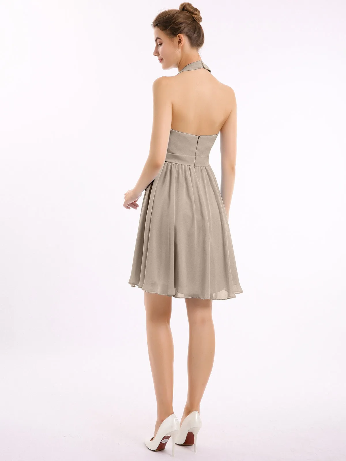 Halter Chiffon Short Bridesmaid Dresses-Taupe