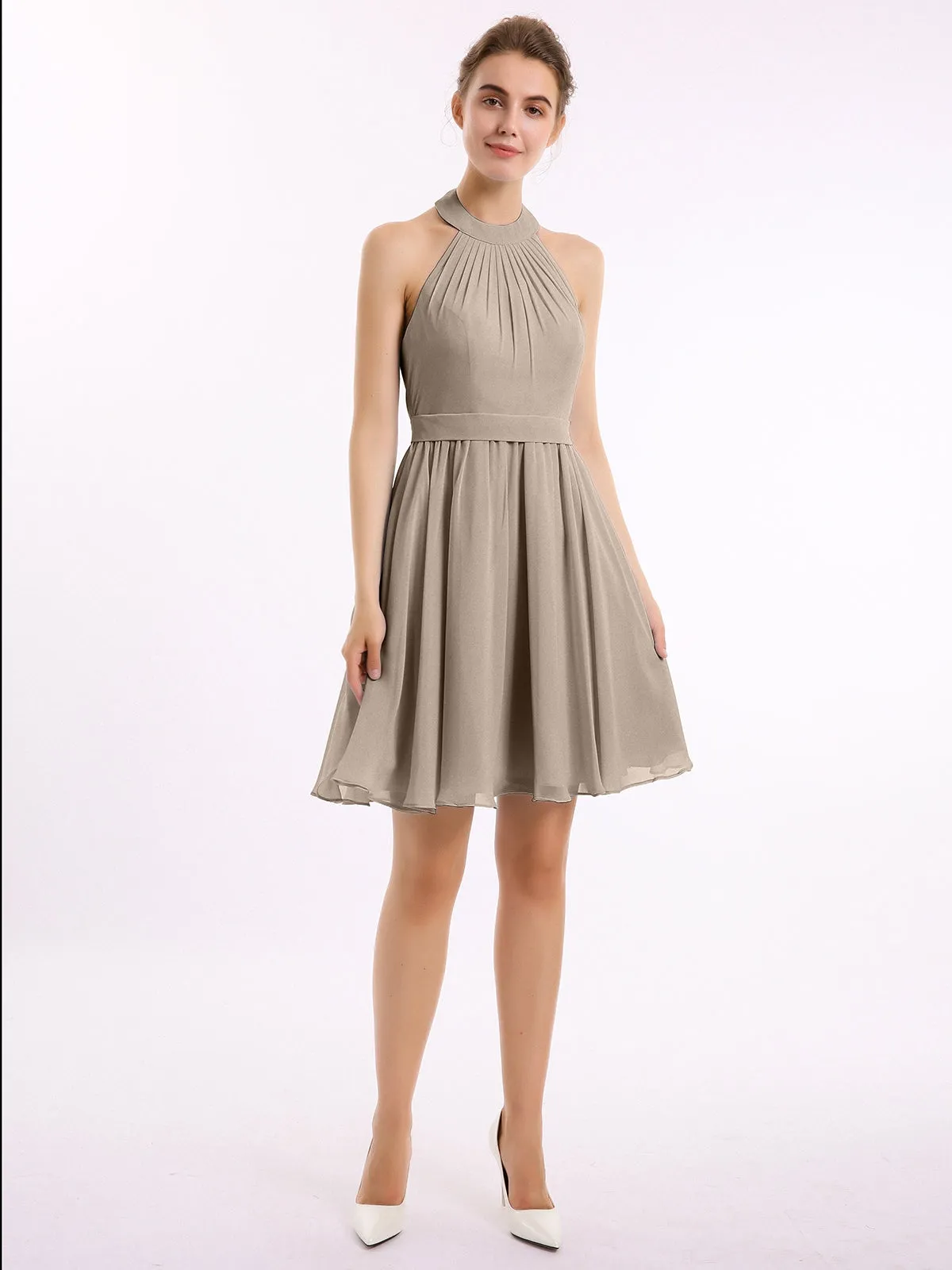 Halter Chiffon Short Bridesmaid Dresses-Taupe
