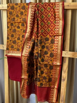 Hand Block Print Cotton Dress Material with zari Border