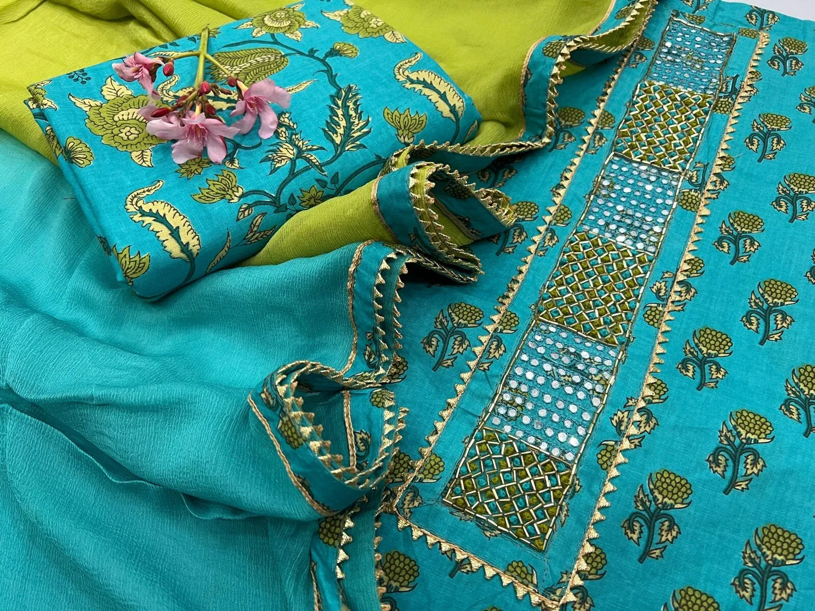 Hand BlockPrint Cotton Embroidered Dress Material with Chiffon Dupatta