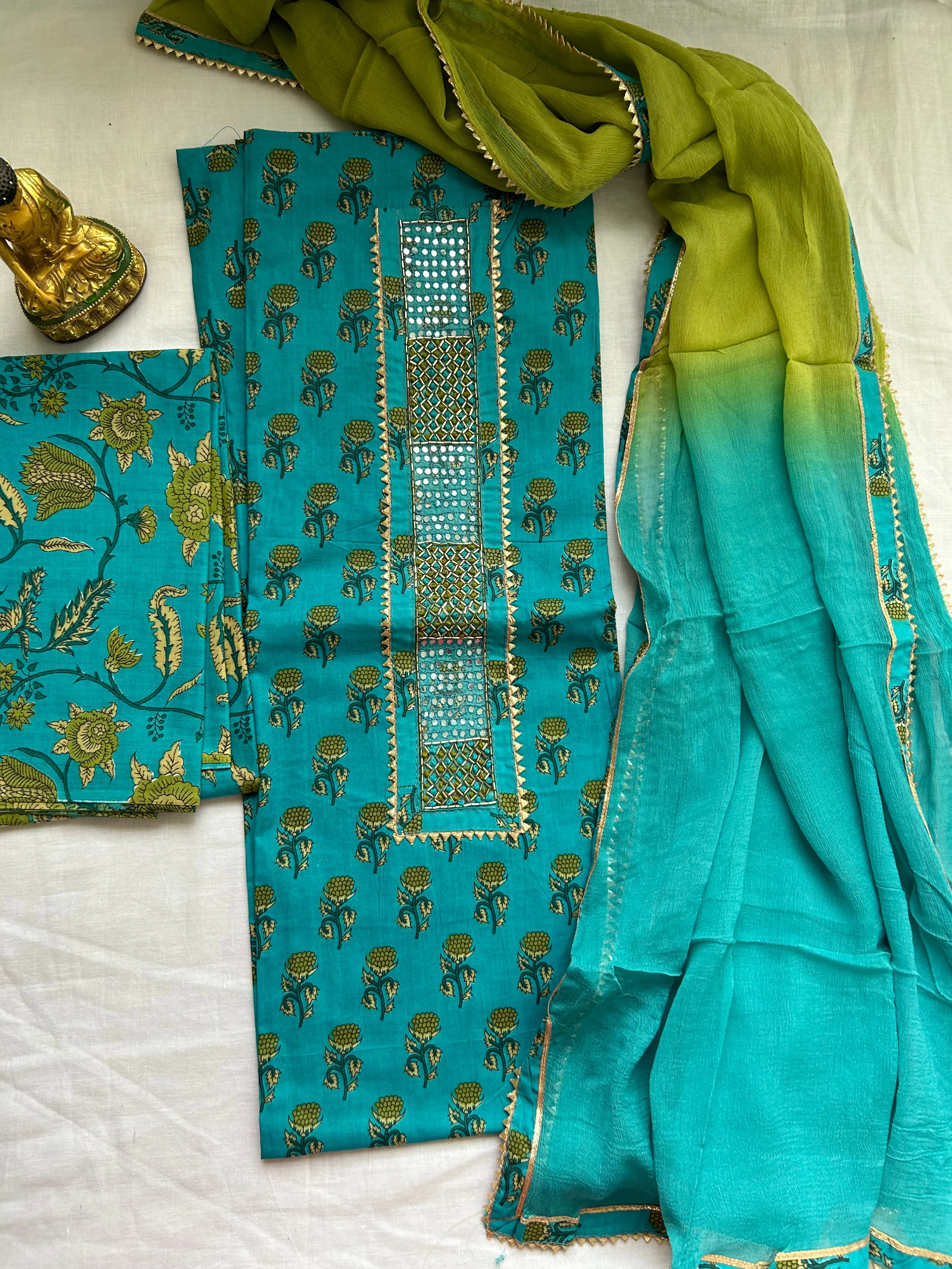 Hand BlockPrint Cotton Embroidered Dress Material with Chiffon Dupatta