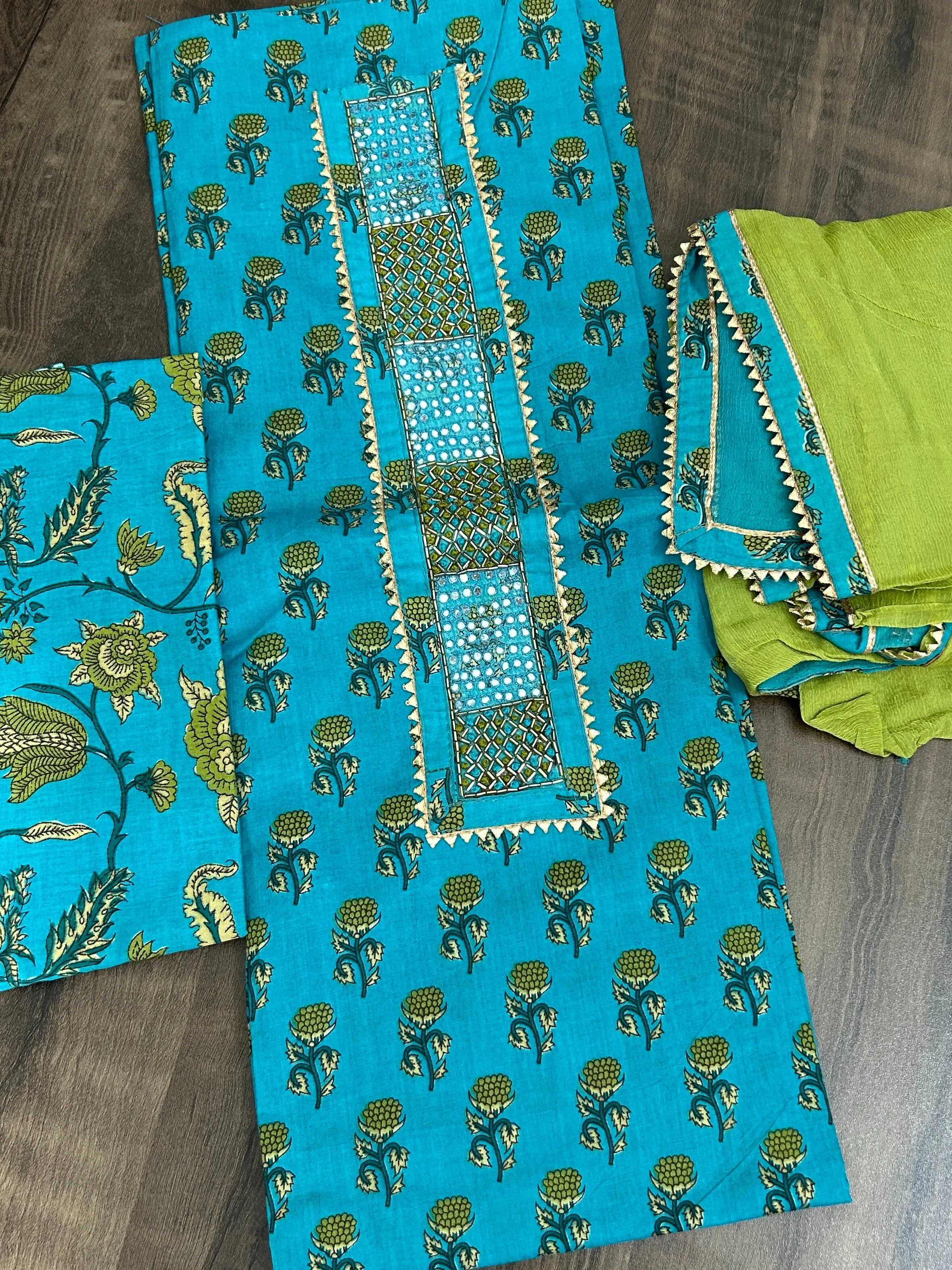 Hand BlockPrint Cotton Embroidered Dress Material with Chiffon Dupatta