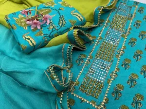 Hand BlockPrint Cotton Embroidered Dress Material with Chiffon Dupatta
