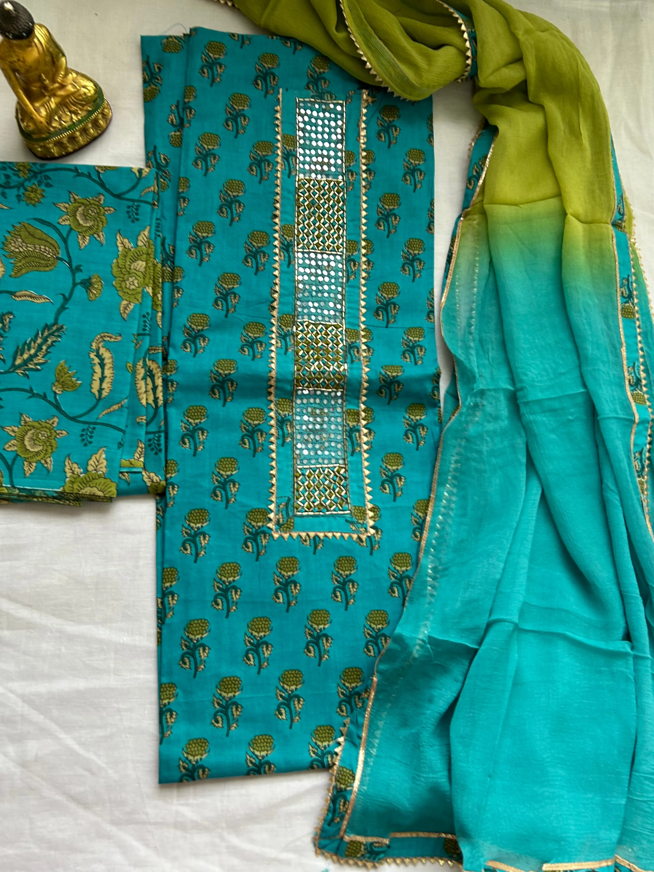 Hand BlockPrint Cotton Embroidered Dress Material with Chiffon Dupatta