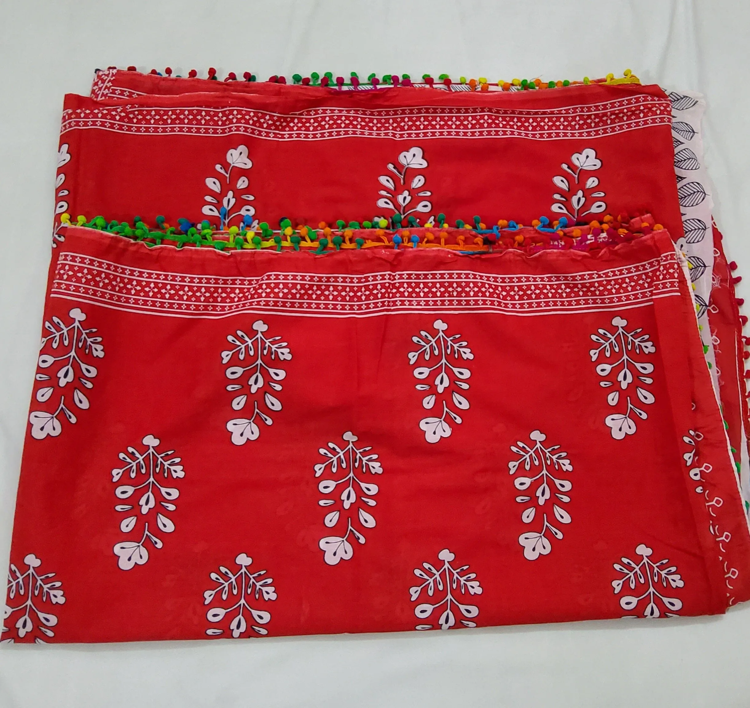 Hand BlockPrint Cotton Saree with Pompoms