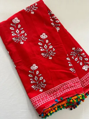 Hand BlockPrint Cotton Saree with Pompoms