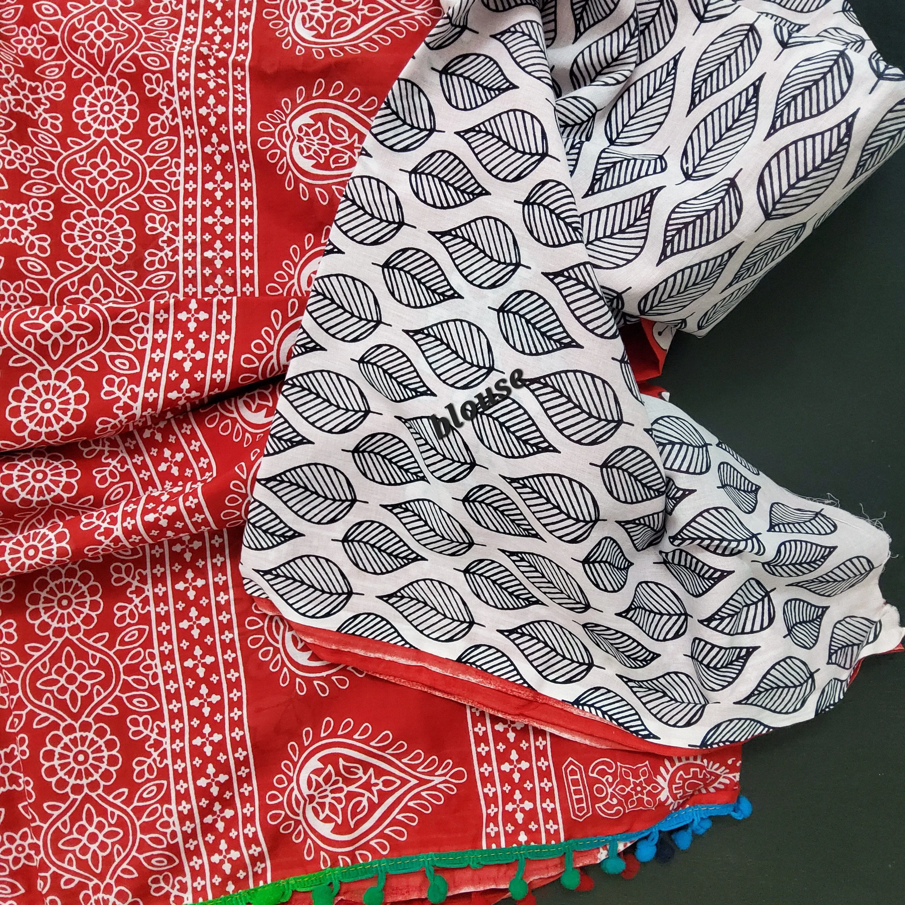 Hand BlockPrint Cotton Saree with Pompoms