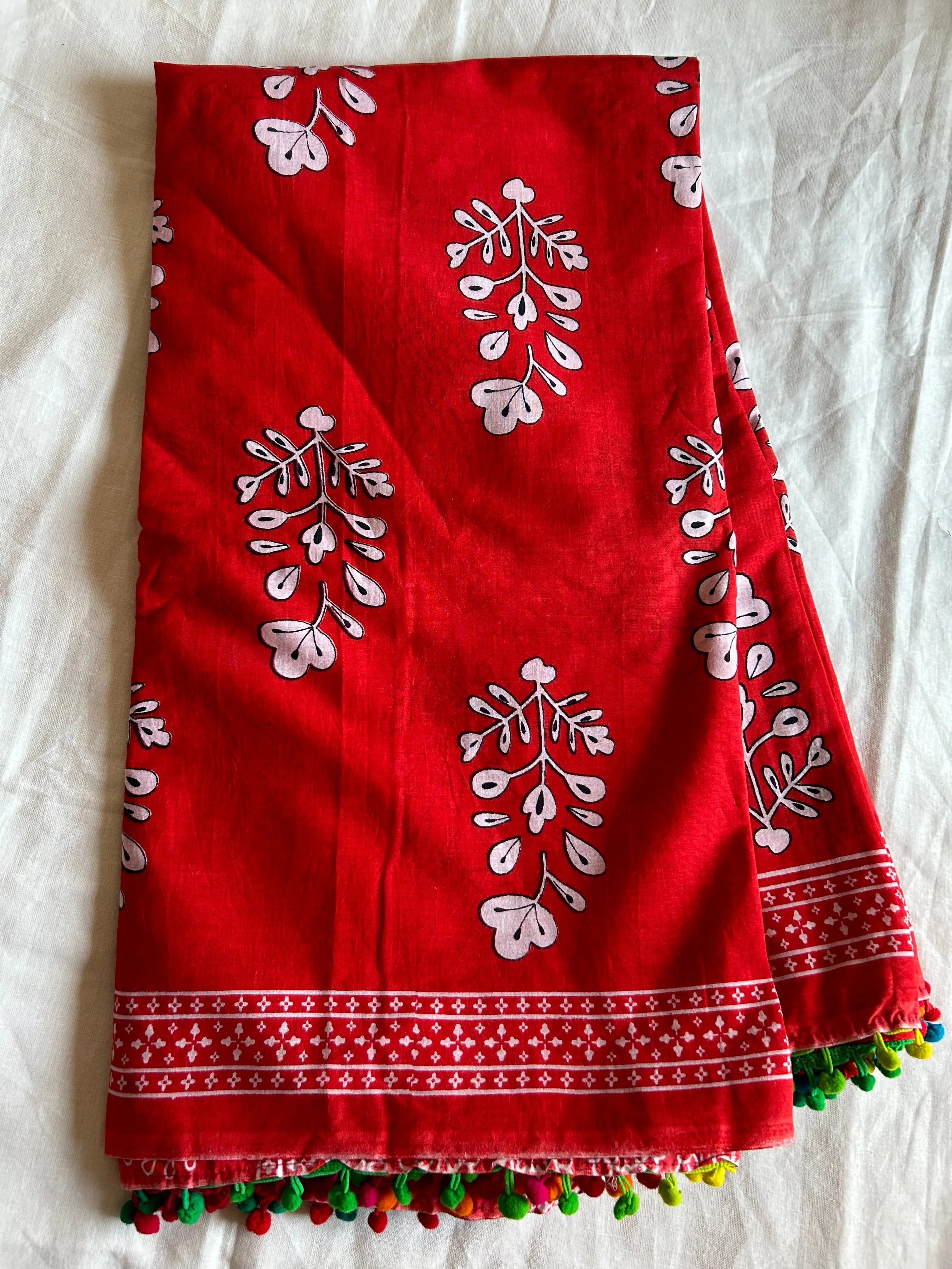 Hand BlockPrint Cotton Saree with Pompoms