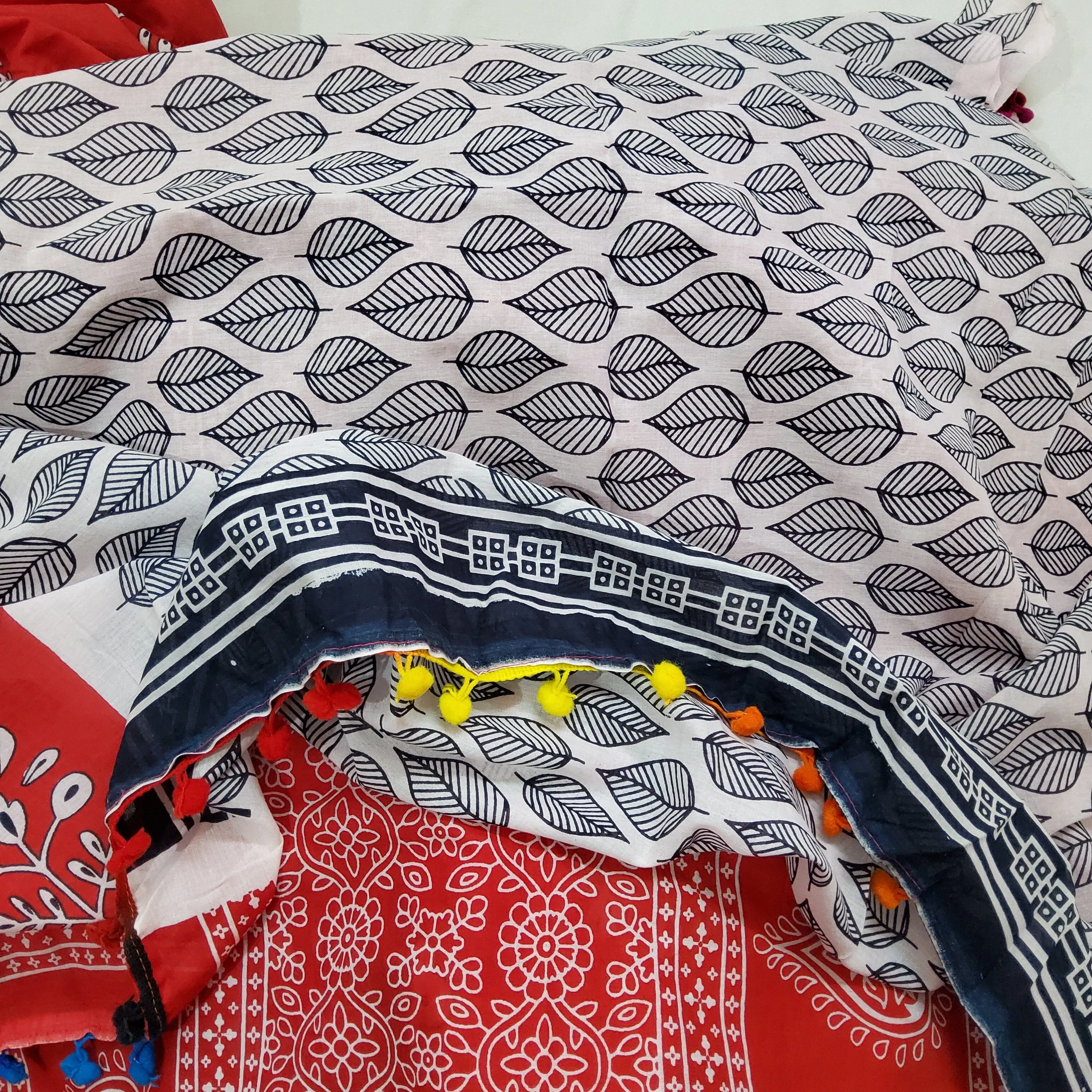 Hand BlockPrint Cotton Saree with Pompoms