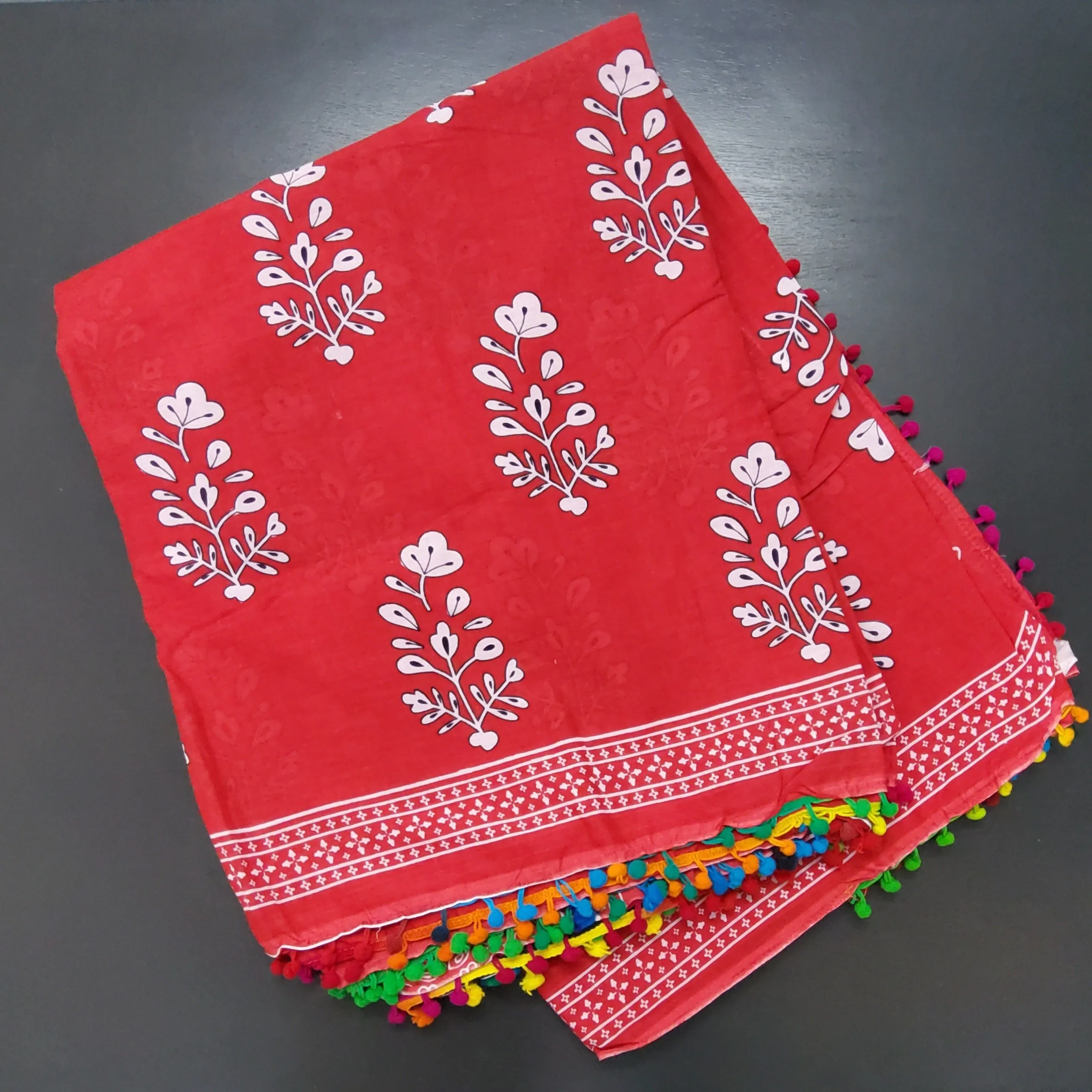 Hand BlockPrint Cotton Saree with Pompoms