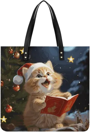 Handbags for WomenCute Cat Sing Christmas CarolsTrendy Vegan Leather Hobo Handbags,Women's Soft Bucket Bag For Women - Ladies Handbags For Work, Travel, Casual Use,Birthday Gifts