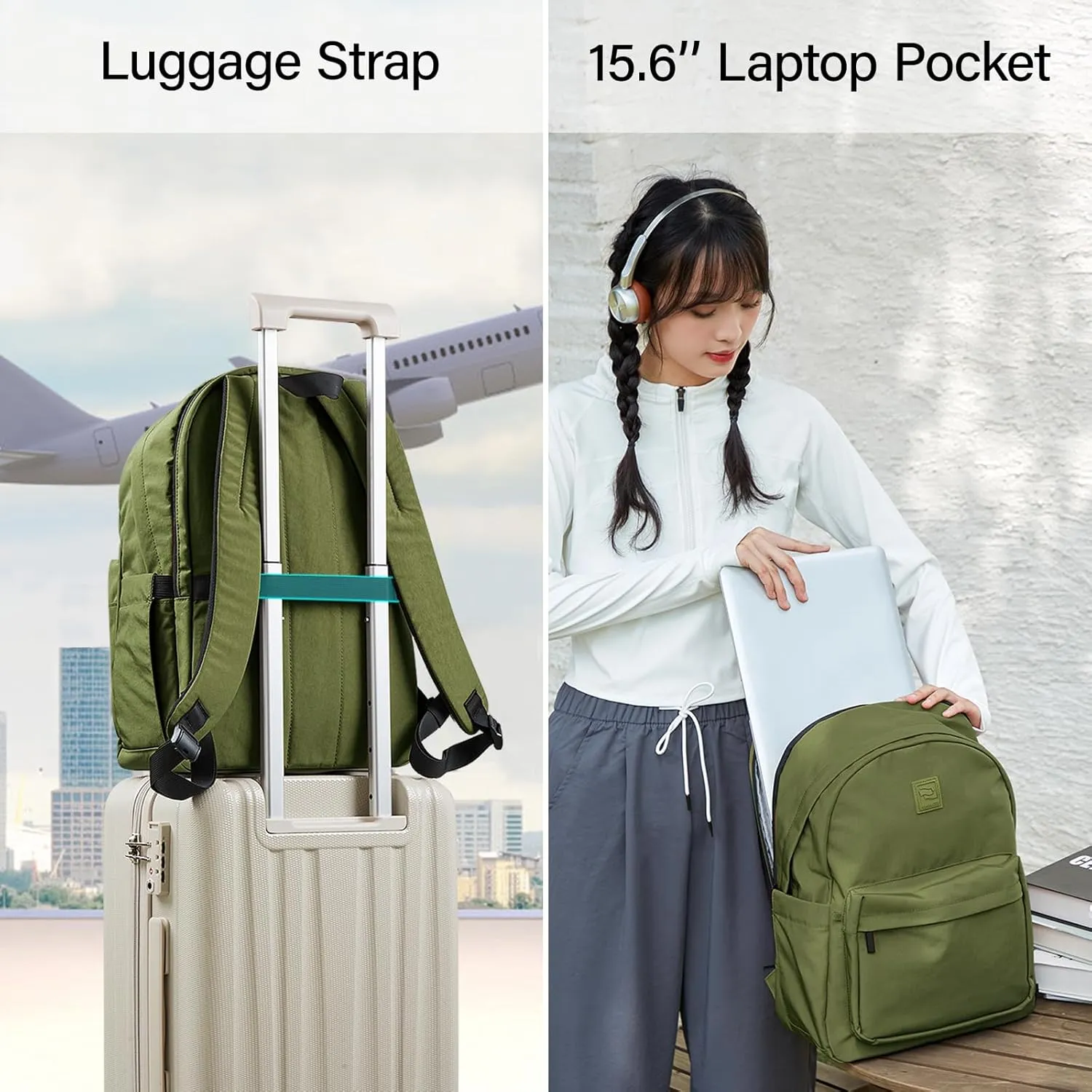 Hanke Travel Backpack for Women Men, Effortless Work Backpack for Women, Airline Approved Anti Theft Backpacks with Luggage Strap, Lightweight School Backpacks Casual Daypack (Pine Green)