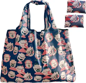 HAPPYHEDI Foldable Reusable Grocery Bags Washable Shopping Totes, Long Handles, Fold-Up Pouch, Heavy Duty Bulk