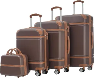 Hardshell Luggage Set: 4-piece Spinner Suitcases and Cosmetic Case, Lightweight ABS Material, Brown