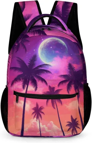 Hawaiian Tropical Beachy Backpack Palm Tree Theme Backpack Moon Galaxy Starry Stars Backpack, Purple Pink Hawaiian Print Backpack for Kids, Elementary Middle High School Backpack,16.5 Inch