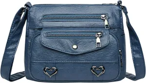 Heart Decor Crossbody Bag Solid Vintage PU Leather Shoulder Bags Versatile Women Pockets Purse With (Blue, One Size)