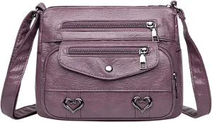 Heart Decor Crossbody Bag Solid Vintage PU Leather Shoulder Bags Versatile Women Pockets Purse With (Purple, One Size)