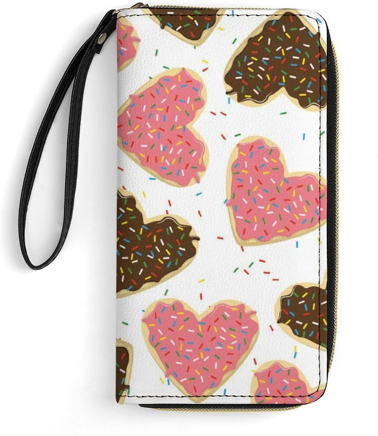 Heart Shape Donut Womens Wallet Zippered Long Clutch Purse Leather Handbag with Wristlet Strap