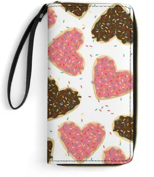 Heart Shape Donut Womens Wallet Zippered Long Clutch Purse Leather Handbag with Wristlet Strap
