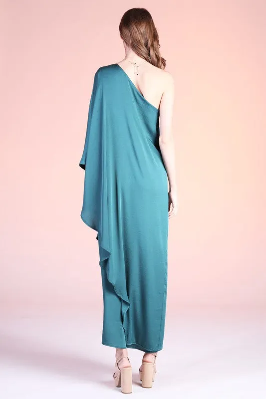 Hunter Green Washed Poly Silk Athena One Shoulder Maxi