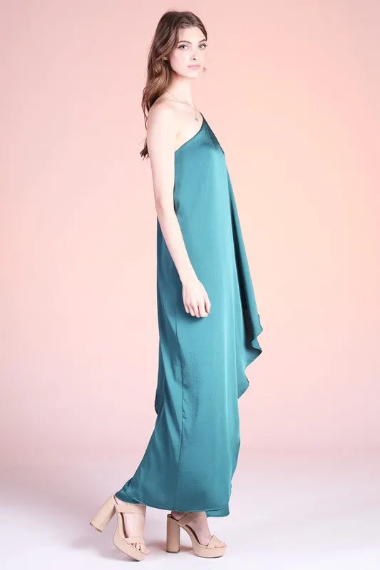 Hunter Green Washed Poly Silk Athena One Shoulder Maxi