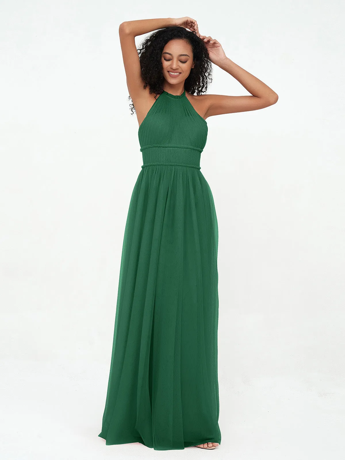 Illusion Halter Tulle Maxi Boho Dresses-Dark Green