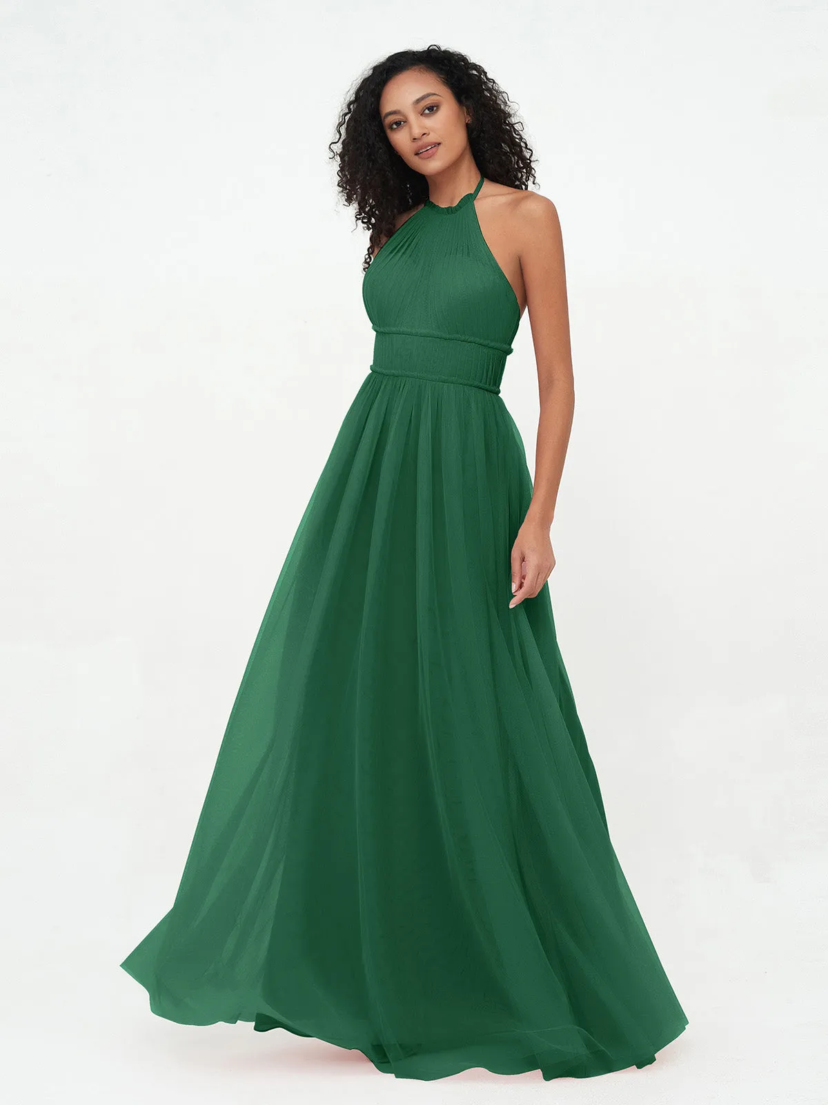 Illusion Halter Tulle Maxi Boho Dresses-Dark Green