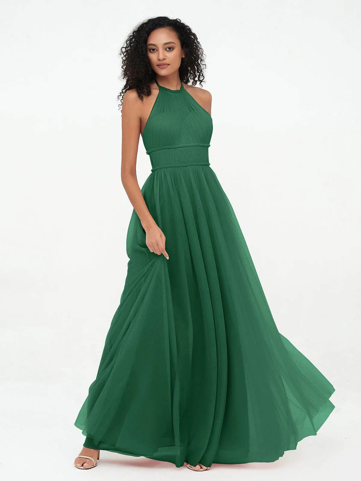 Illusion Halter Tulle Maxi Boho Dresses-Dark Green