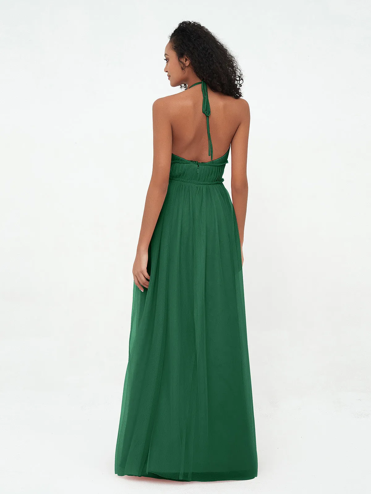 Illusion Halter Tulle Maxi Boho Dresses-Dark Green