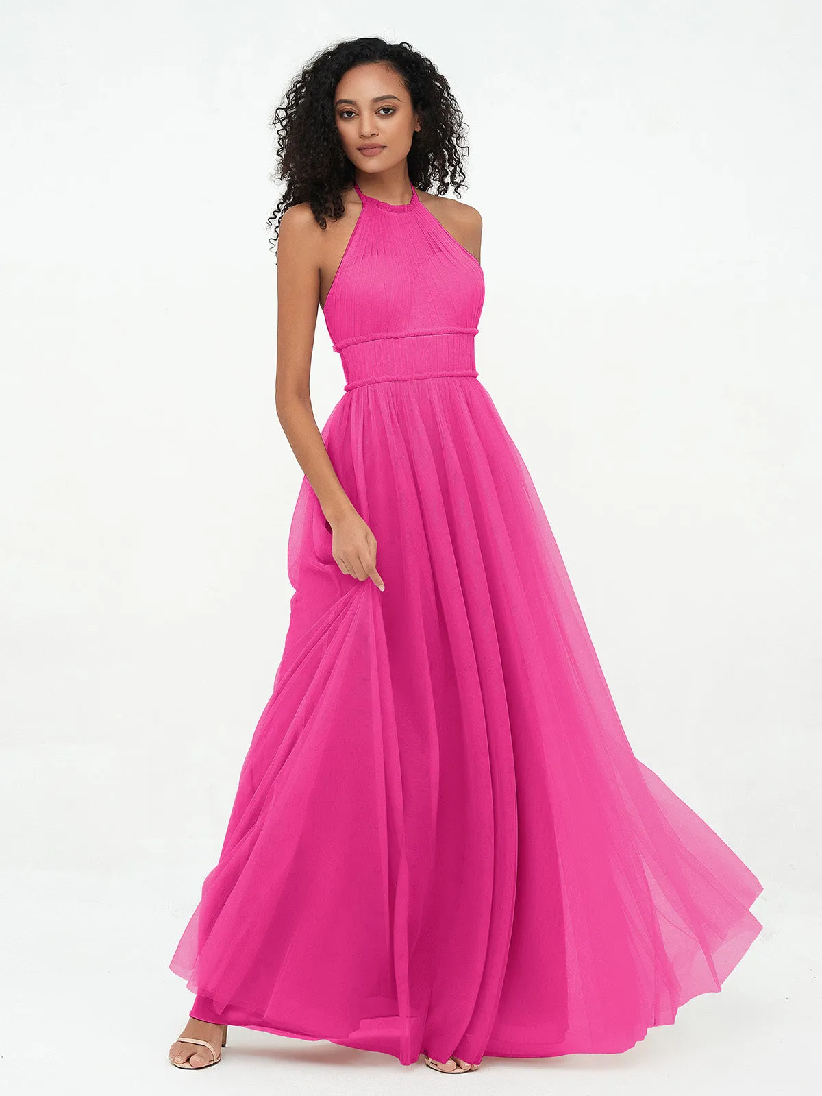 Illusion Halter Tulle Maxi Boho Dresses-Fuchsia