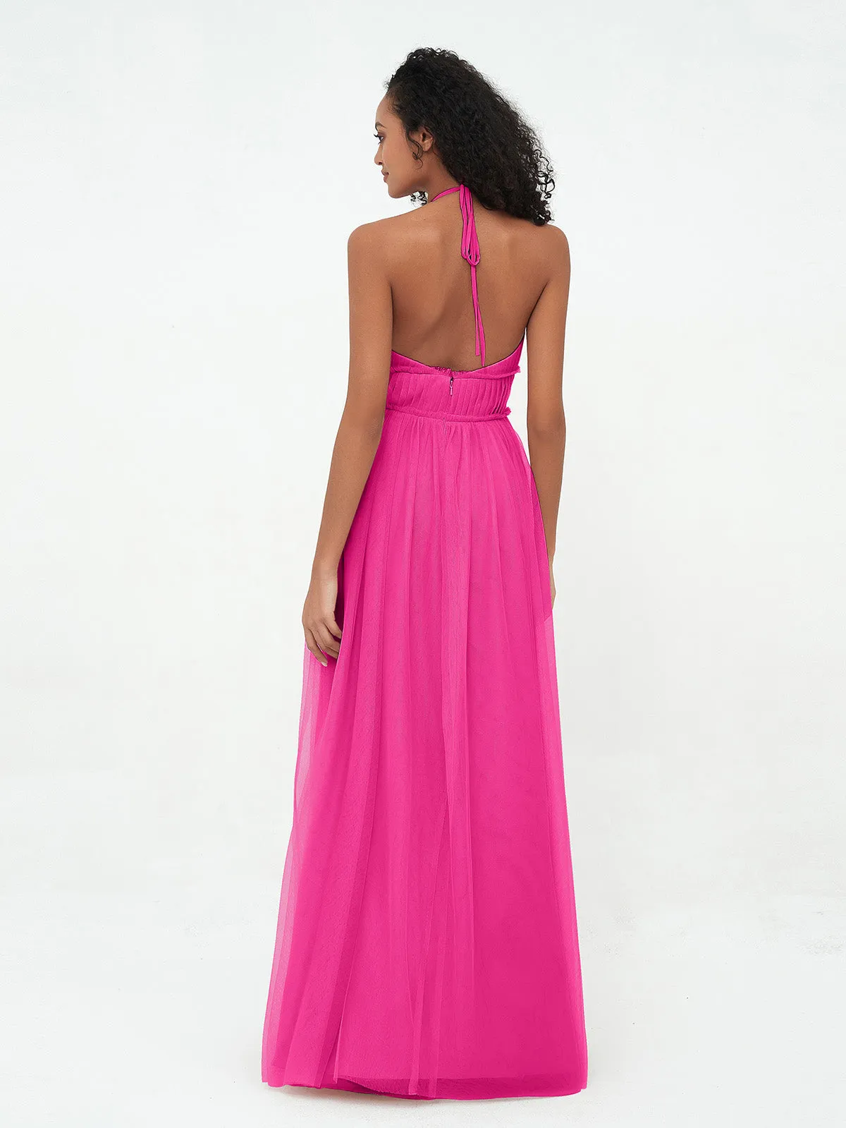 Illusion Halter Tulle Maxi Boho Dresses-Fuchsia