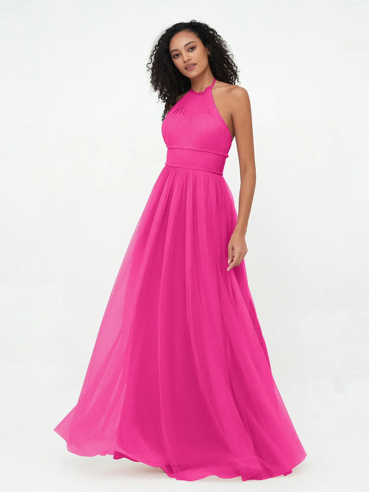 Illusion Halter Tulle Maxi Boho Dresses-Fuchsia