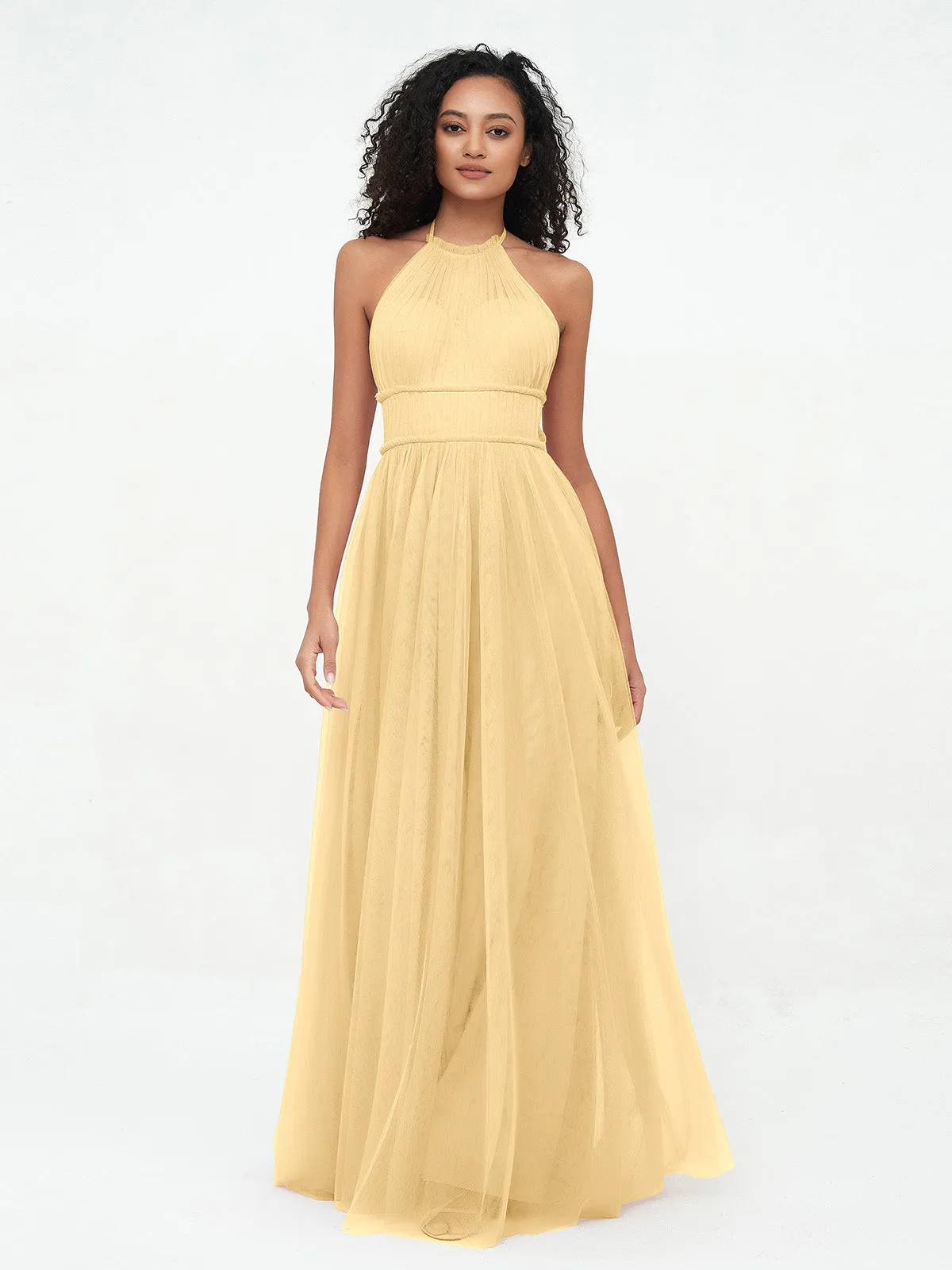 Illusion Halter Tulle Maxi Boho Dresses-Gold Plus Size