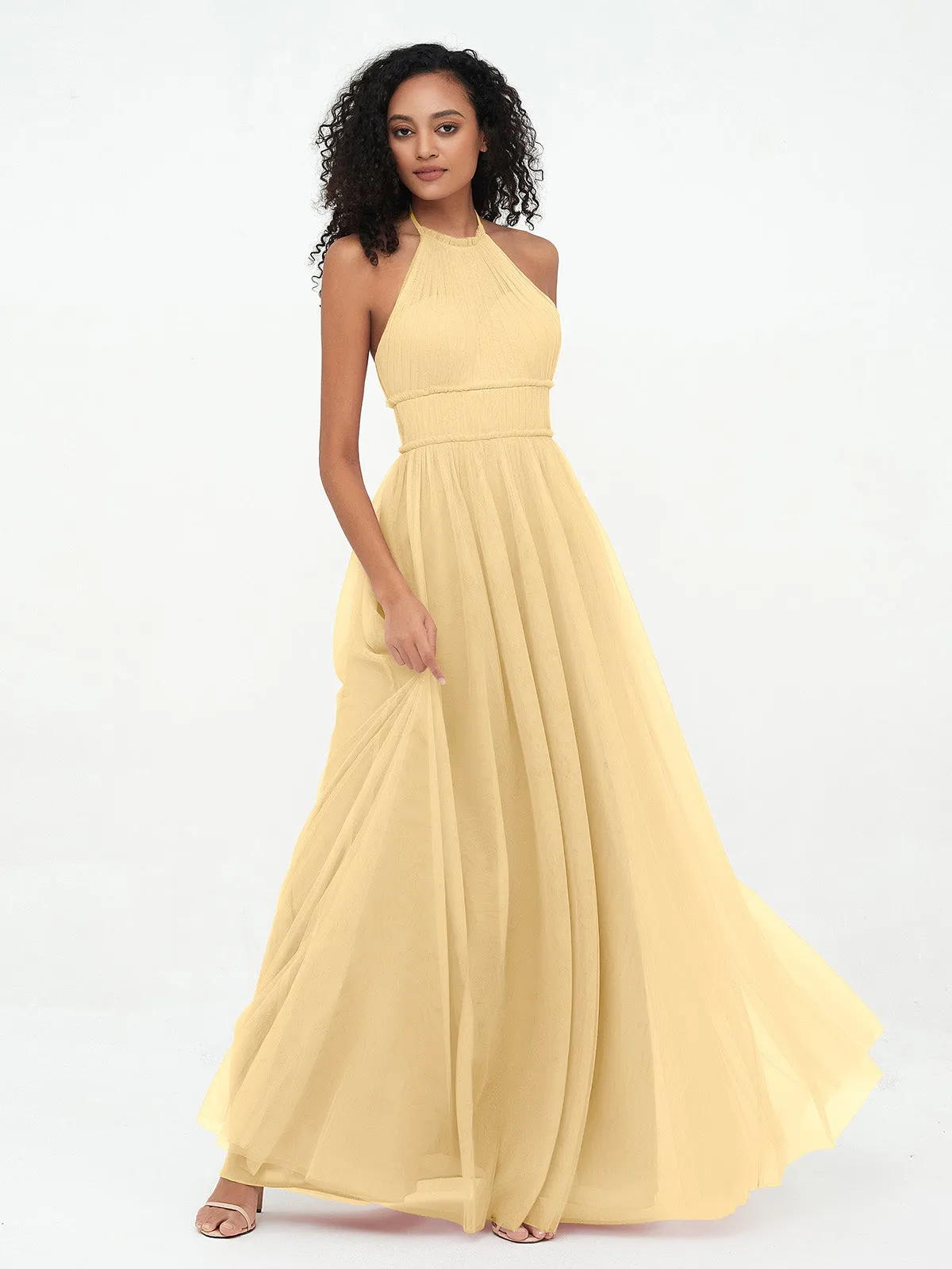 Illusion Halter Tulle Maxi Boho Dresses-Gold Plus Size
