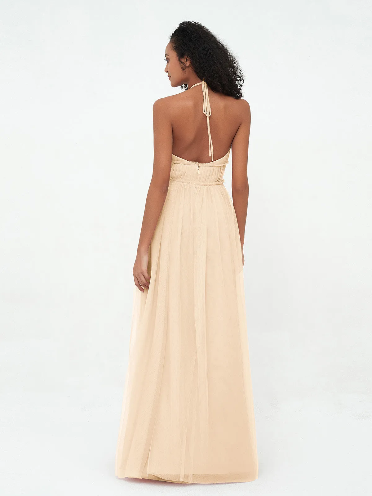 Illusion Halter Tulle Maxi Boho Dresses-Peach