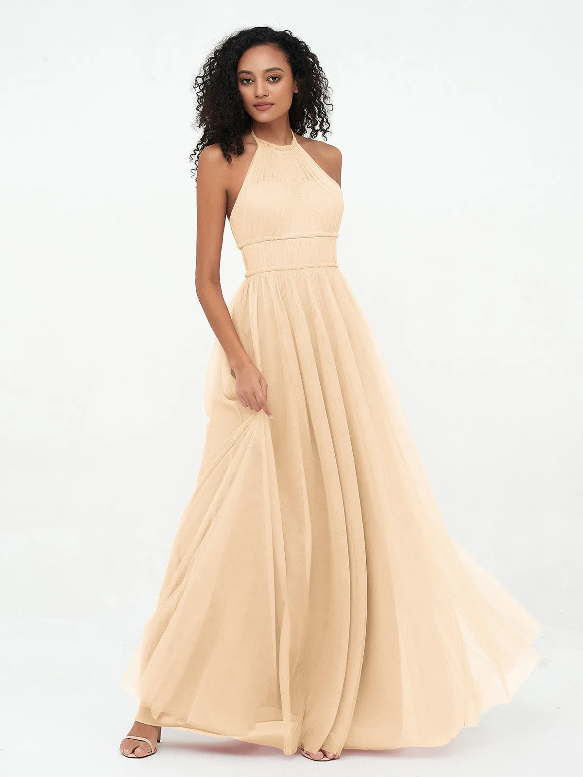 Illusion Halter Tulle Maxi Boho Dresses-Peach