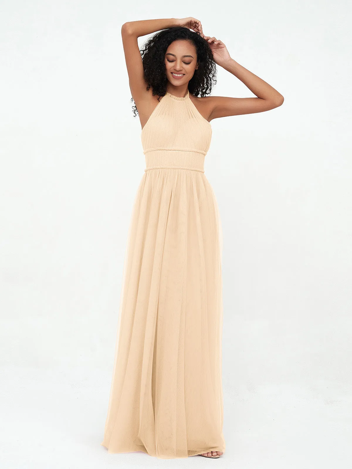 Illusion Halter Tulle Maxi Boho Dresses-Peach