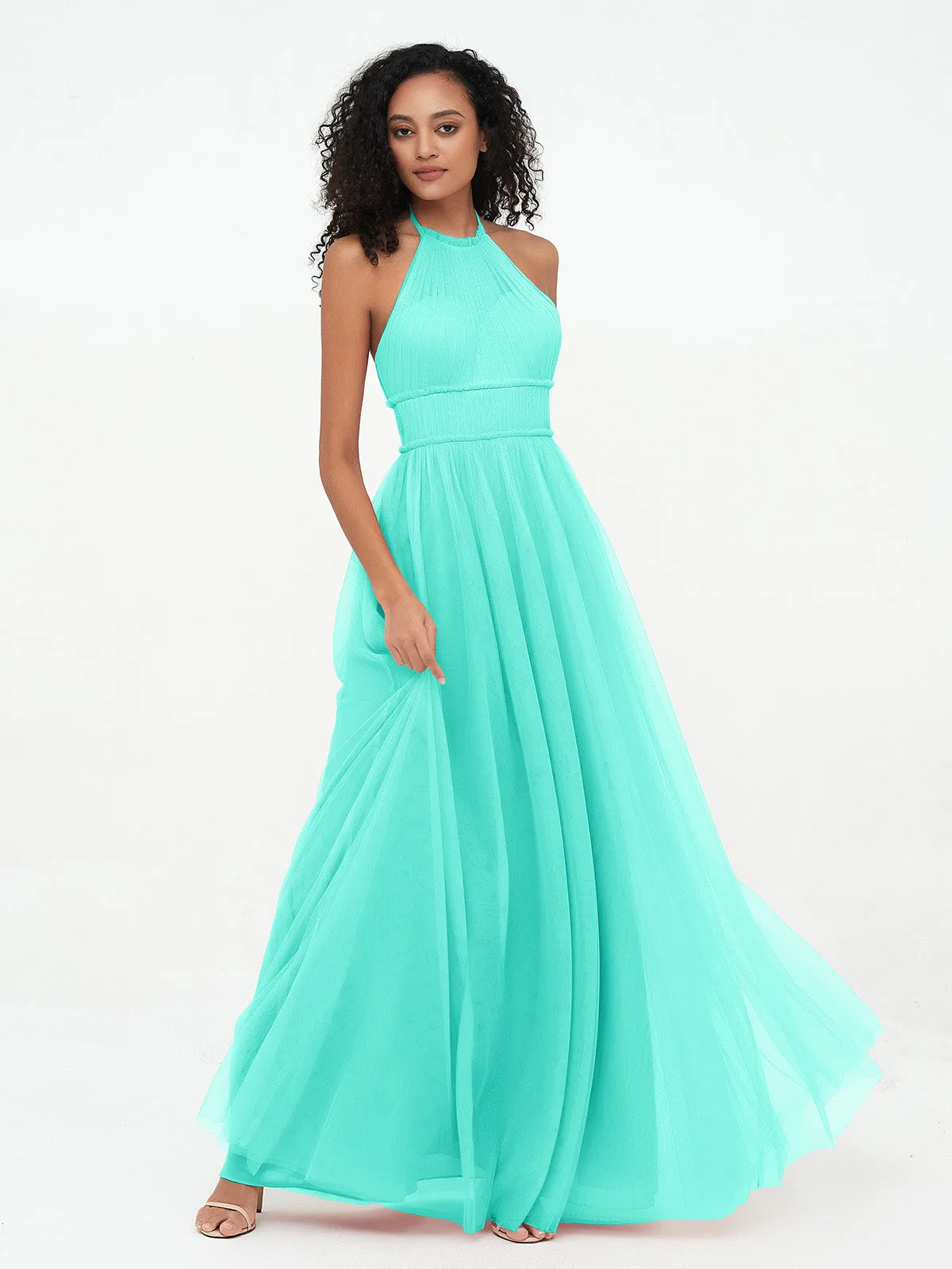 Illusion Halter Tulle Maxi Boho Dresses-Spa