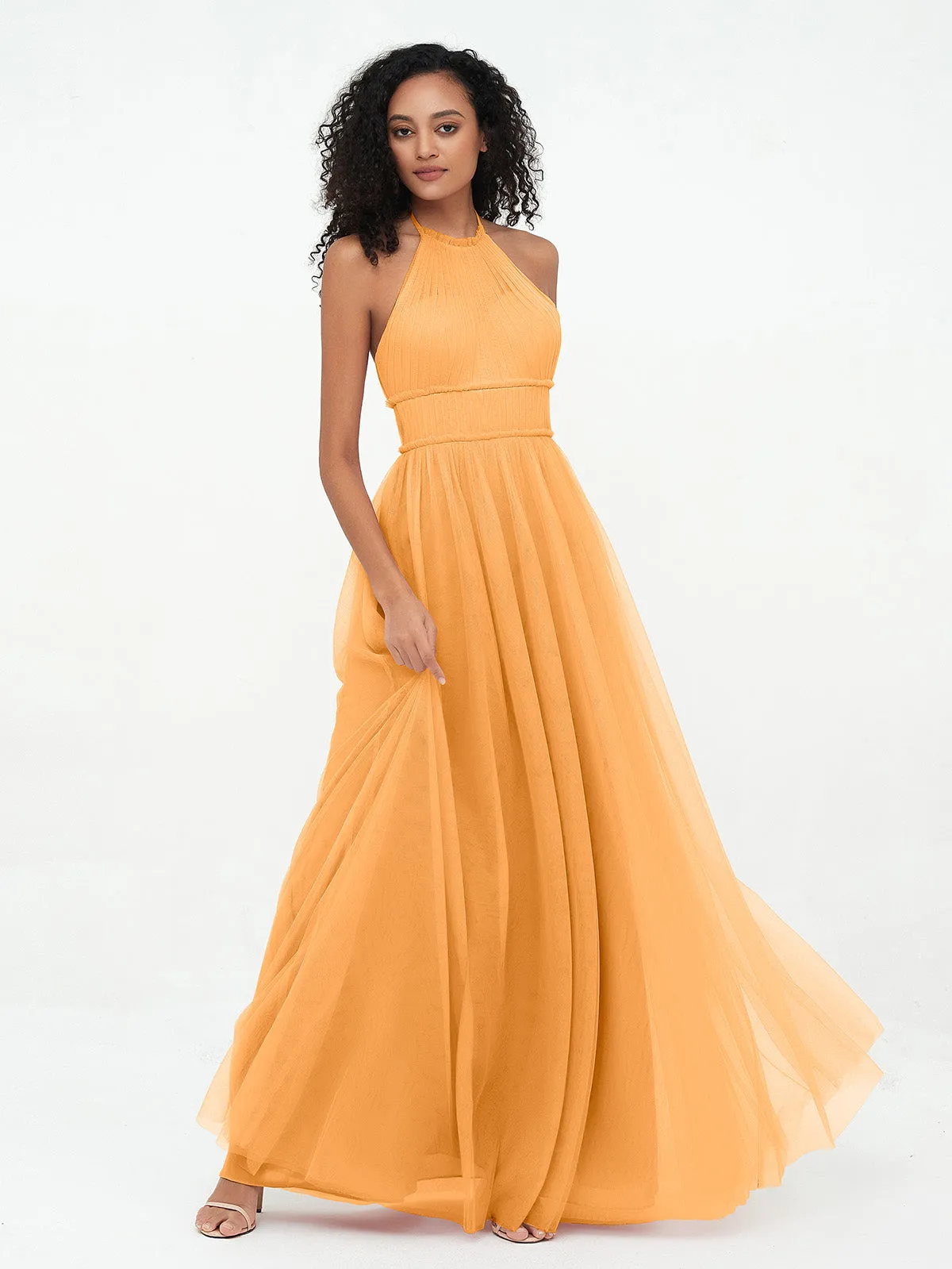 Illusion Halter Tulle Maxi Boho Dresses-Tangerine