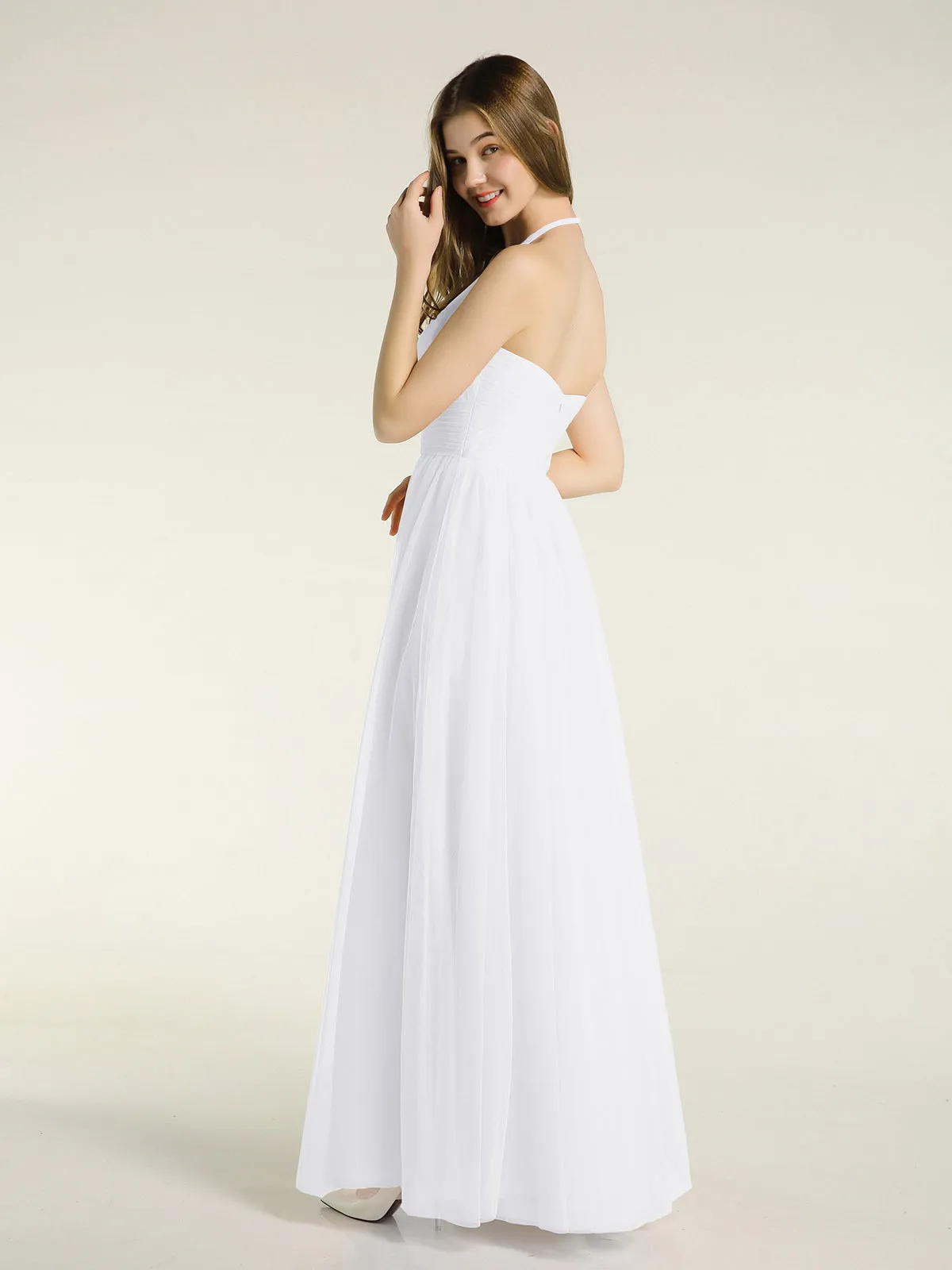 Illusion Neck Corss Waist Tulle Dresses-White